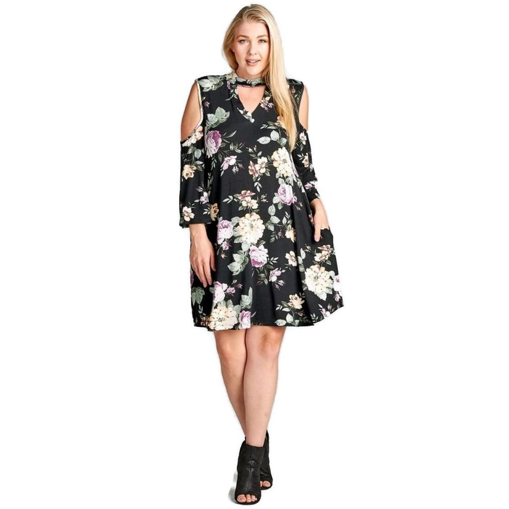 Oddi Floral Choker Swing Dress, Black